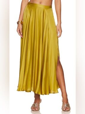 My Beachy Side Circle Side Slit 
Satin Maxi Skirt In Antique Moss